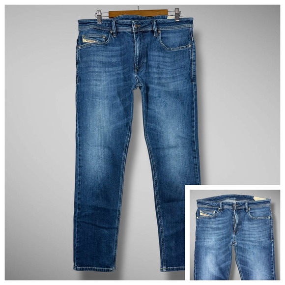DIESEL Thavar XP Stretch Slim Skinny Jeans Mens 34x30 Blue Whiskered Zip Fly - Picture 1 of 16